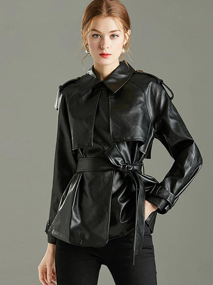Women'sFaux Leather PU Jacket  –  Green Lapel Belted Coat, Loose Office Lady Outwear