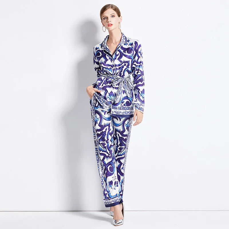 Autumn Women’s Porcelain Print Pantsuit – Red, Blue & White Notched Blouse with Belt + Wide-Leg Trousers Set