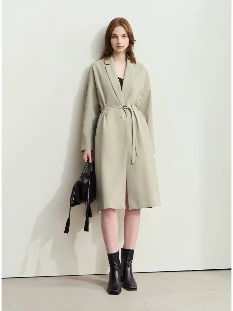 Minimalist Women's Loose Trench Coat 2024 Autumn Lapel Collar Drop Cuff Hydrangea Print with Belt High Slit Coat 12453028