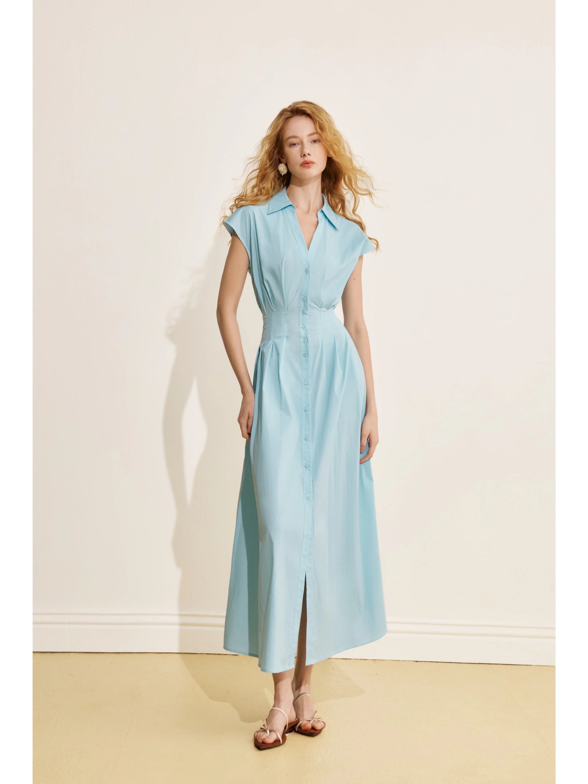 Women’s Light Blue Collared Midi Dress – Button-Front Fit-and-Flare Short Sleeve Dress - Blue - Size XS - Height|Ships...