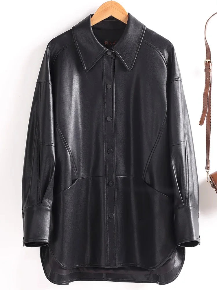 Women’s Split Leather Long Coat – Turn-Down Collar, Single-Breasted Casual Outerwear for Spring & Autumn