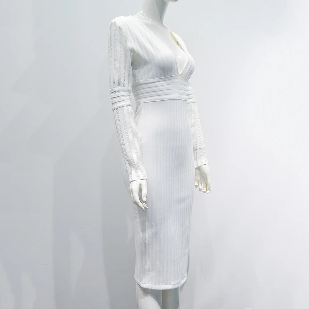 White Mesh Plunge V-Neck Long Sleeve Bandage Bodycon Dress – Elegant Hollow-Out Office Lady Party Dress