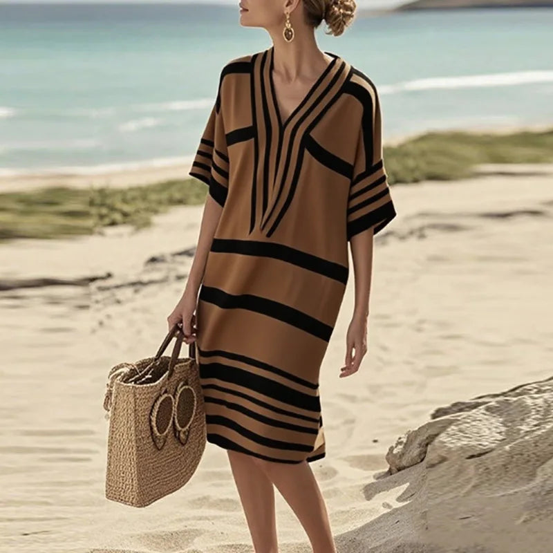 2026 Vintage Striped Midi Dress – Casual V-Neck Short Sleeve Summer & Spring Vacation Dress for Women