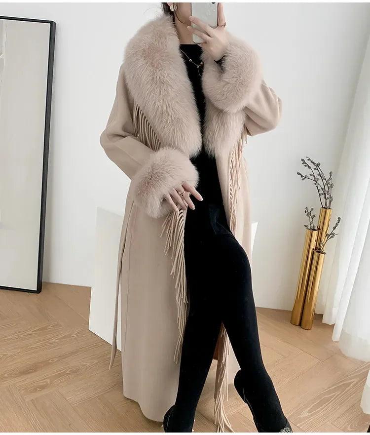 Women's Real Fur Winter Coat - Cashmere Wool Blend Jacket with Fox Fur Collar, Long Tassel Design, Streetwear Outerwear