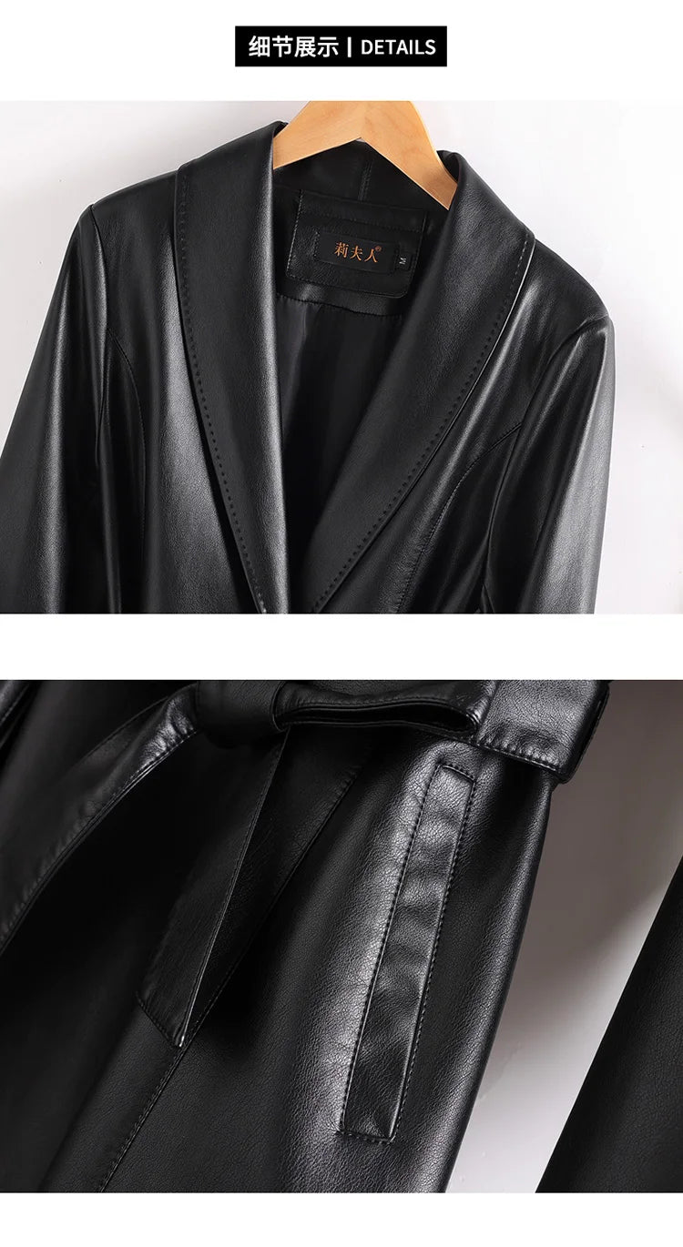 New Elegant Women’s Split Leather Trench Coat | Slim Waist Belted Long Coat with Suit Collar | Spring & Autumn Fashion Casual Outerwear