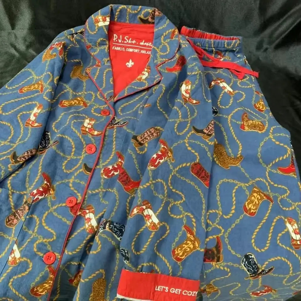 Women’s Cotton Cartoon Pajama Set – Long Sleeve Ankle-Length Pants Autumn Winter Homewear