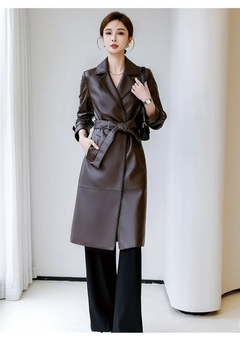 Women's Genuine Leather Trench Coat Lace-Up Long Slim Fit Spring Autumn Sheepskin Top