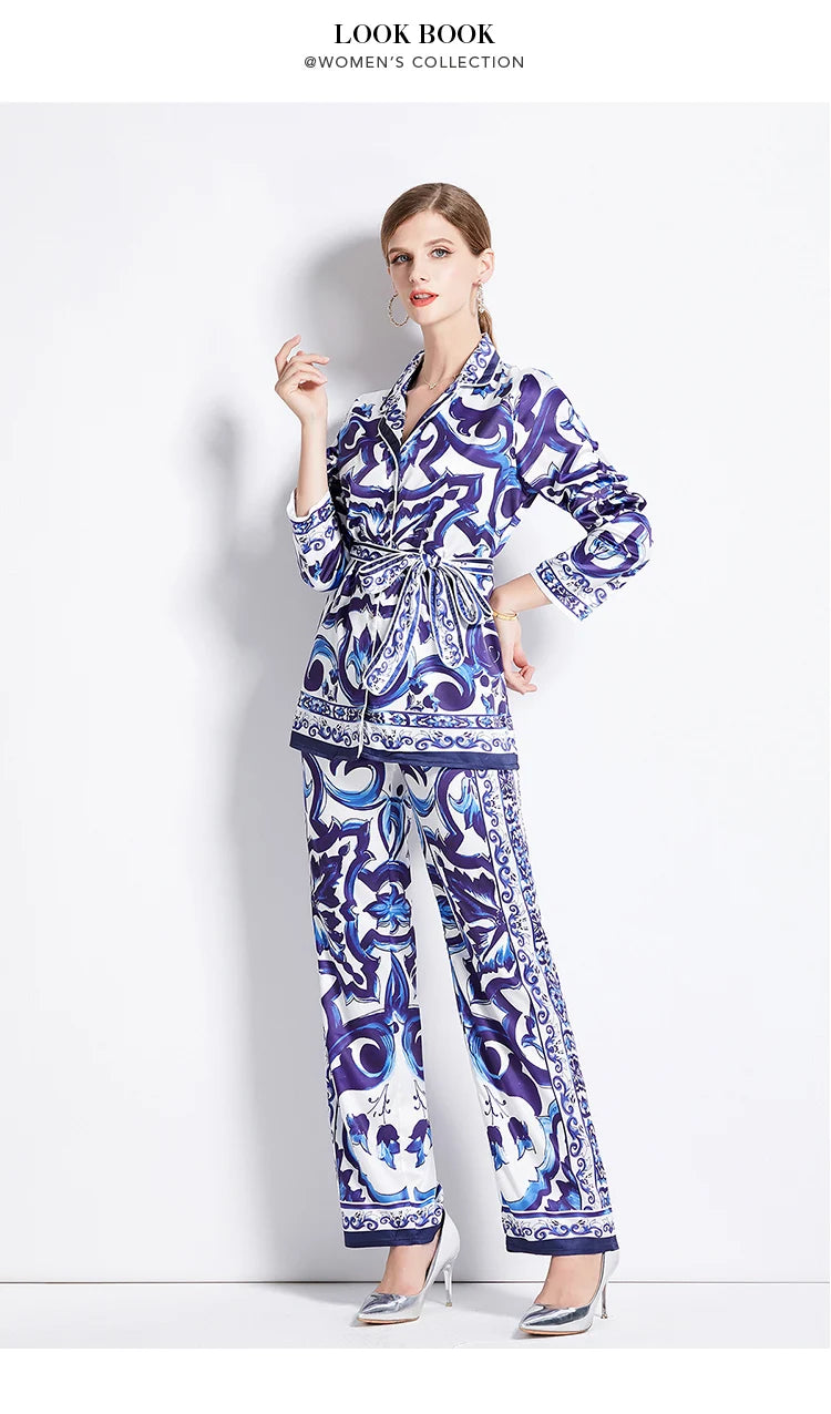 Autumn Women’s Porcelain Print Pantsuit – Red, Blue & White Notched Blouse with Belt + Wide-Leg Trousers Set
