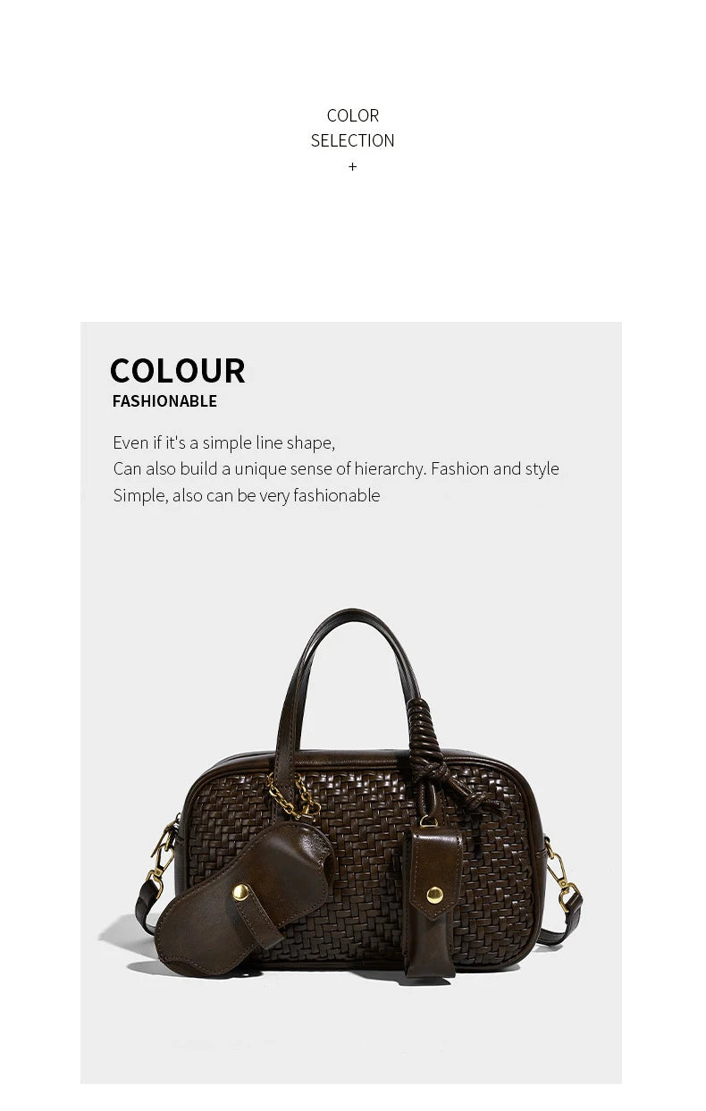 Women's Boston Bag 2025 Fall Winter New Woven Bowling Bag Unique Design Handheld Pack Trendy Light Luxury PU Leather Handbag