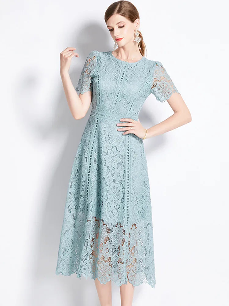 JAMERARY Vintage Holiday Lace Hollow Out Prom Dress For Women's Summer Slim Elegant Short Sleeve Long Dress Female Clothing