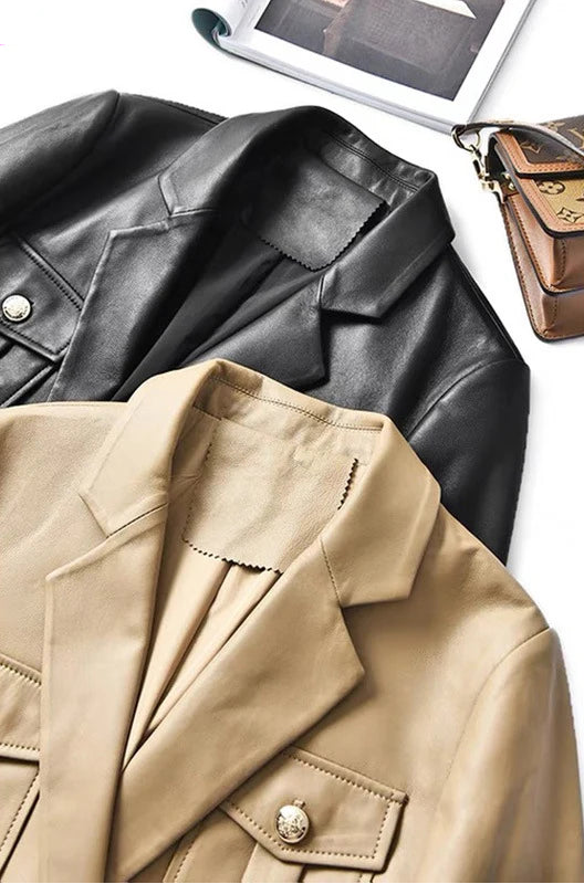 Women’s Genuine Sheepskin Leather Coat – Retro Belted Mid-Length Jacket with Gold Buckle, Suit Collar & Cargo Pockets