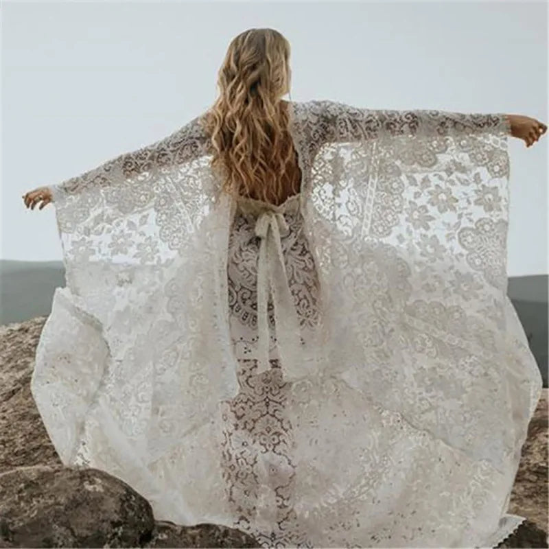 Maternity Lace V-Neck Long Dress â€“ Bohemian Batwing Sleeve Pregnancy Photoshoot Gown
