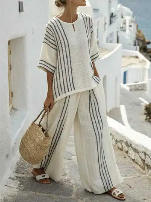 Women’s Cotton Linen Striped Two-Piece Set – Short Sleeve Pullover Top & High Waist Wide Leg Pants, Spring/Summer Outfit - HER SHOP