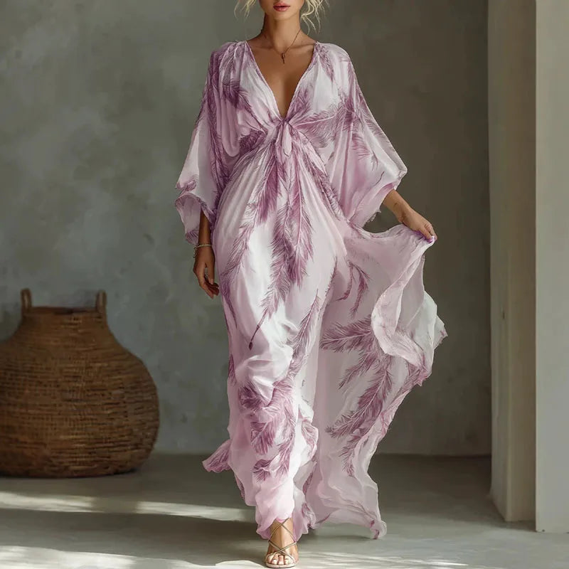 Women’s Feather Print Deep V-Neck Maxi Dress – Bohemian Batwing Sleeve Summer Resort Dress