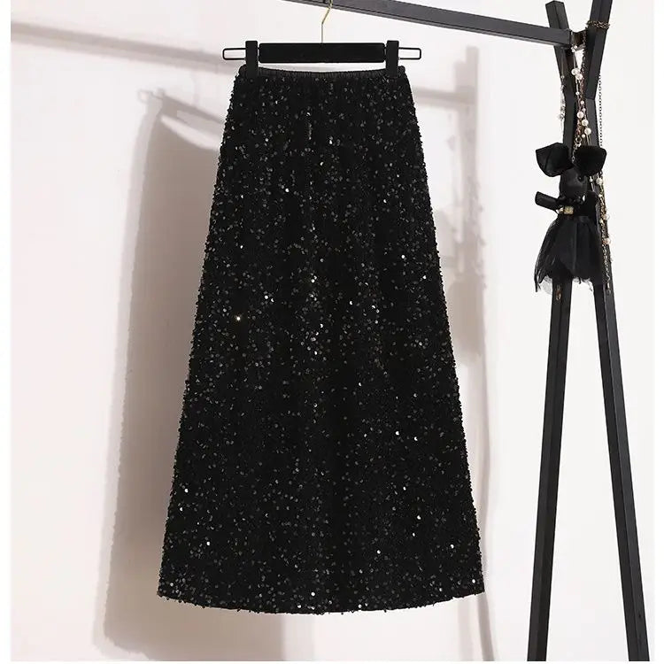 Sequin Elastic Waist A-Line Midi Skirt for Women – Casual Solid Color Summer Skirt