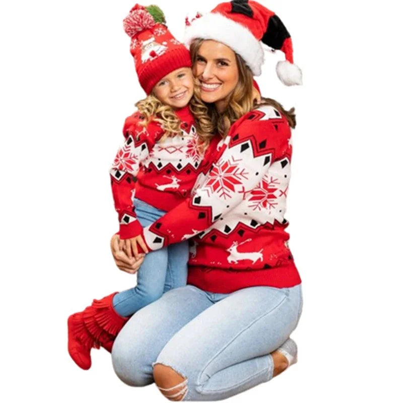 Mommy and Me Christmas Sweaters - Cute Cartoon Print Matching Outfits for Mom and Daughter | Warm, Soft Knitwear Pullover Top