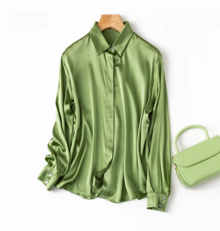Women's 93% Mulberry Silk 7% Spandex 19 momme satin Silk Buttons down long sleeve shirt Top Blouse office work M L XL MM161