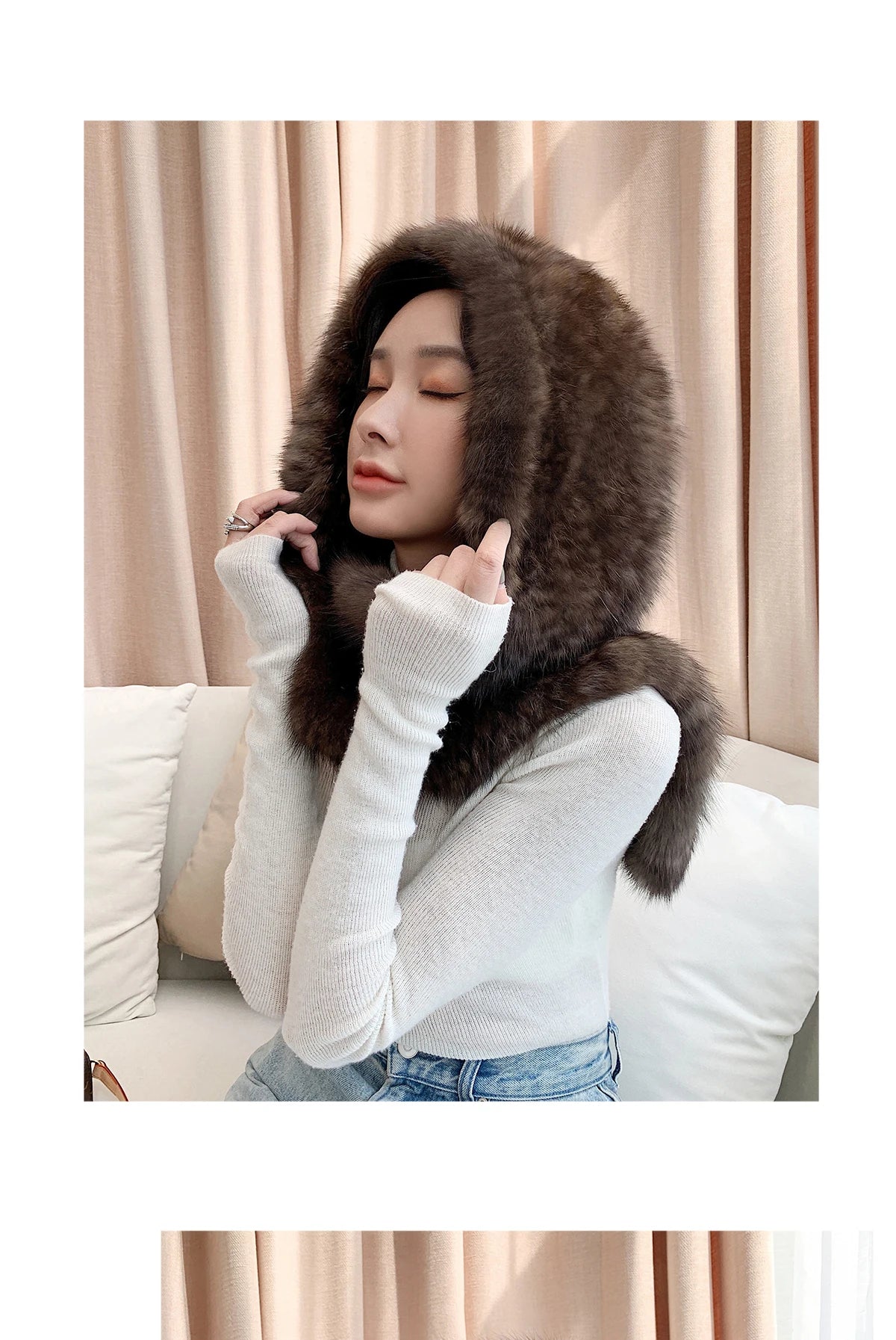 2025 Lady Real Sable Fur Hat Scarf Winter Warm Fluffy 100% Natural Sable Fur Hat Scarves Women Knitted Genuine Fur Cap Shawl