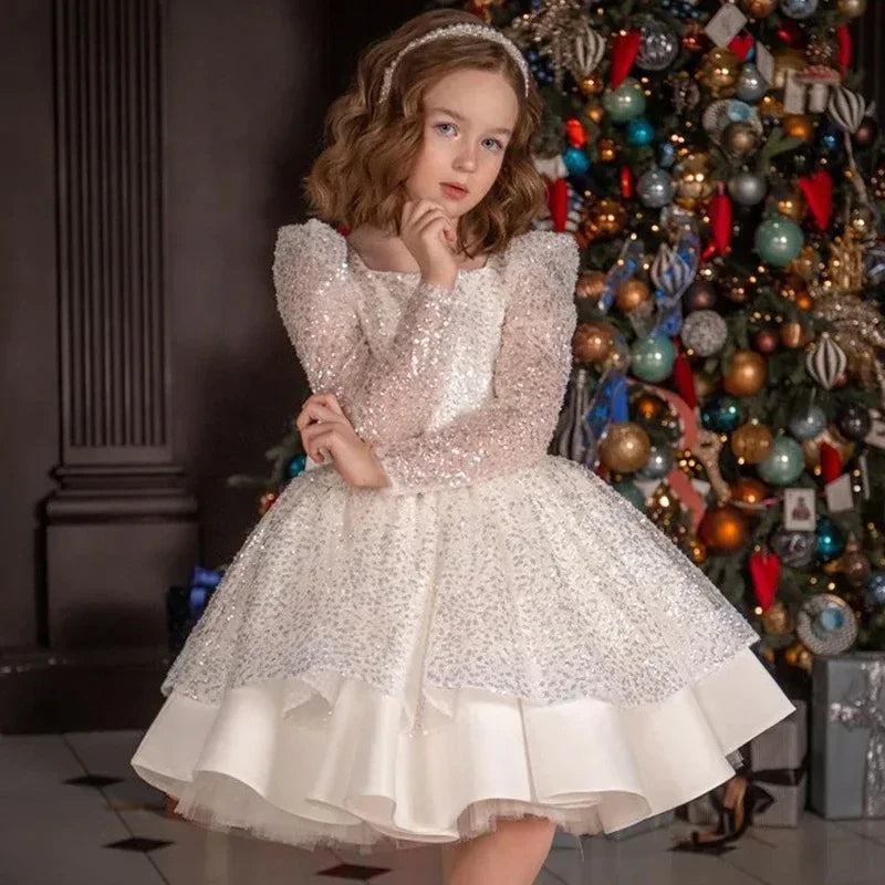 Girls Dress Sequin Mesh Long-sleeved Birthday Party  Outfit Matching BabyProm New children's Clothes Opening Ceremony