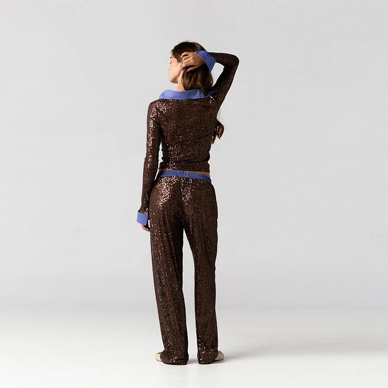 Women’s Premium Sequined Splicing Straight-Leg Pants – High-Waist Casual Commuter Trousers