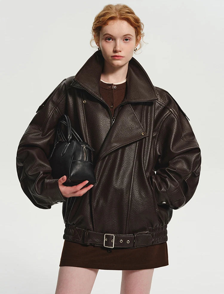 Women’s Oversized Brown PU Leather Jacket – Retro American Style, Long Sleeve Zip-Up, Luxury Designer-Inspired Outerwear for Spring & Autumn - HER SHOP