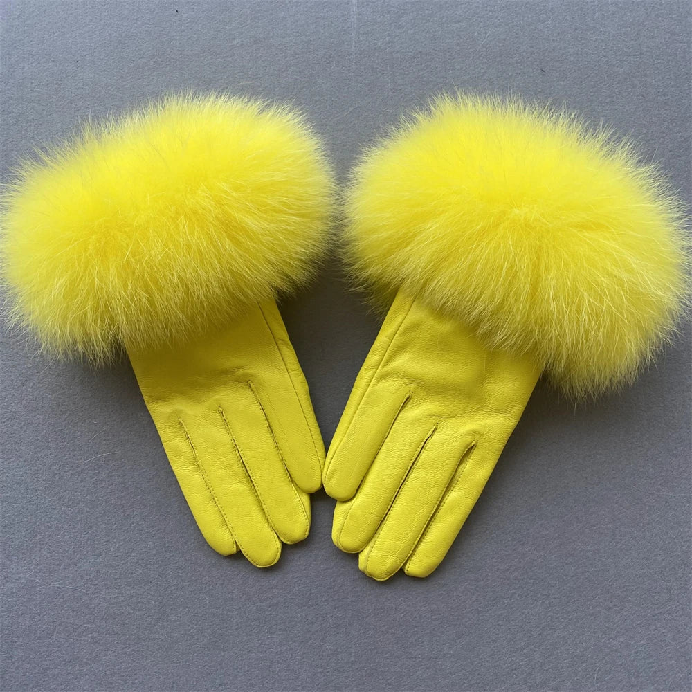 Luxury Fox Fur & Genuine Sheepskin Leather Gloves for Women – Winter Warm Driving Mittens with Real Fur Cuffs