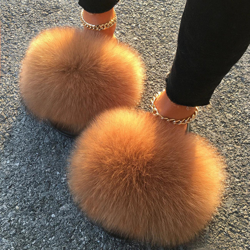 Extra Large Real Fox Raccoon Fur Slides - Designer Beach Sandals with Plush Furry Detailing for Women