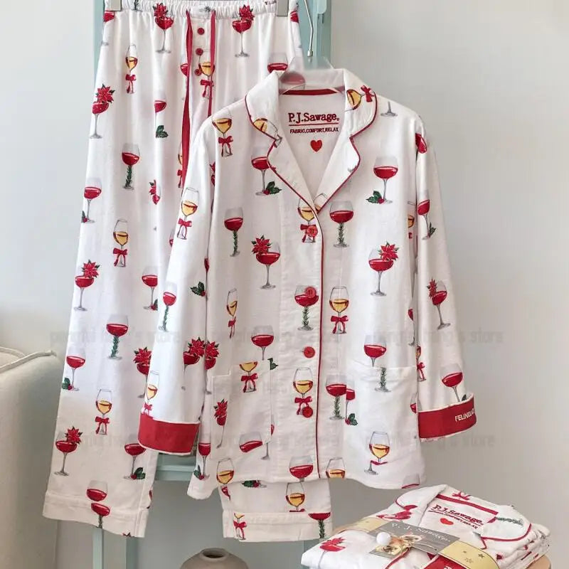 Women’s Cotton Cartoon Pajama Set – Long Sleeve Shirt & Pants Holiday Loungewear