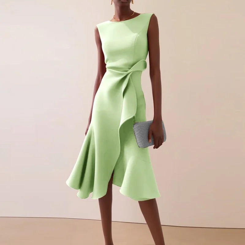 Women’s Sleeveless Ruffle A-Line Maxi Dress – Elegant O-Neck Irregular Hem Party, Evening, and Vacation Dress with Hollow-Out Detail