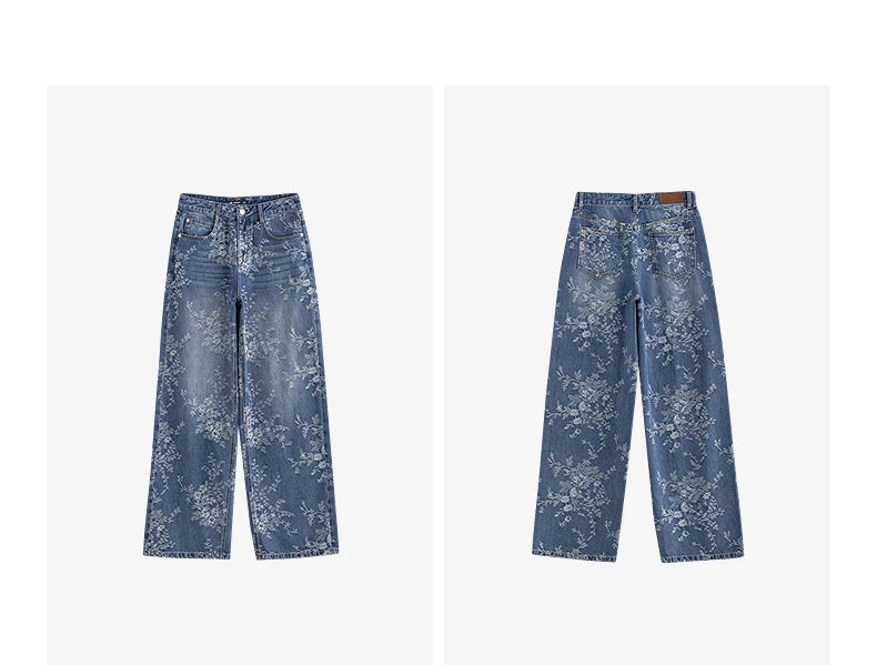 Women’s Cotton Denim Wide-Leg Pants – Autumn Jacquard Straight Jeans | High Street Cowboy Style