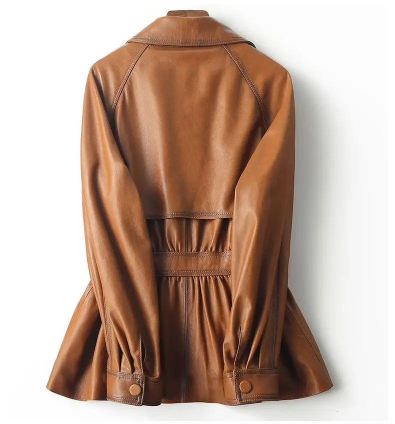 Vintage Brown Real Sheepskin Leather Jacket for Women – Lapel Collar Belted Design, First-Layer Leather, Casual Fashion Outerwear