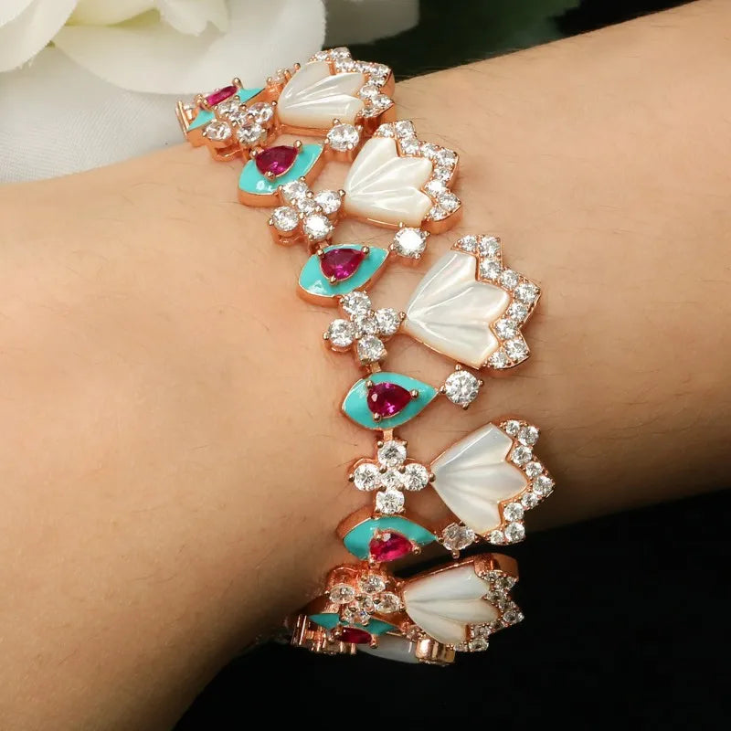 Luxury Designer Zirconia 925 Sterling Silver Shell Pearl Fan Shaped Bracelet For Women Party Evening Dress Fine Jewelry