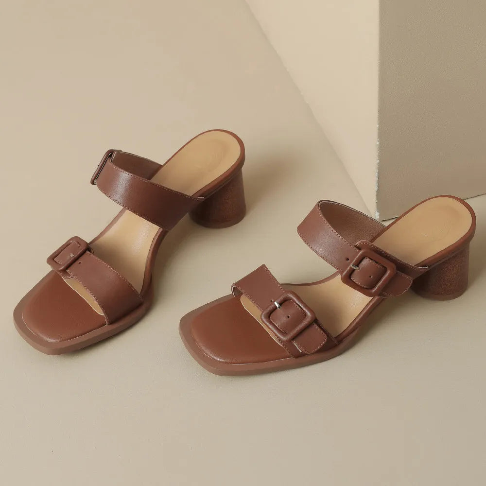 Women’s Cow Leather Slip-On Sandals – Double Metal Belt 5.5cm Chunky Heel Elegant Summer Slides