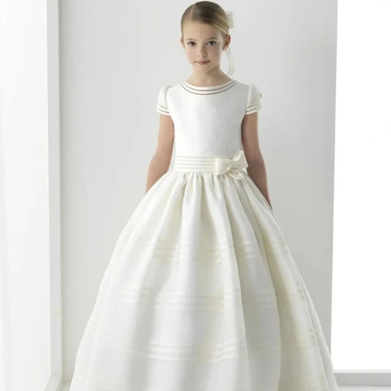 Customized Flower Girls Dresses Vintage Ivory Satin Pearls Top With Bow For Wedding Birthday Party Princess Baptism Gowns - HER SHOP