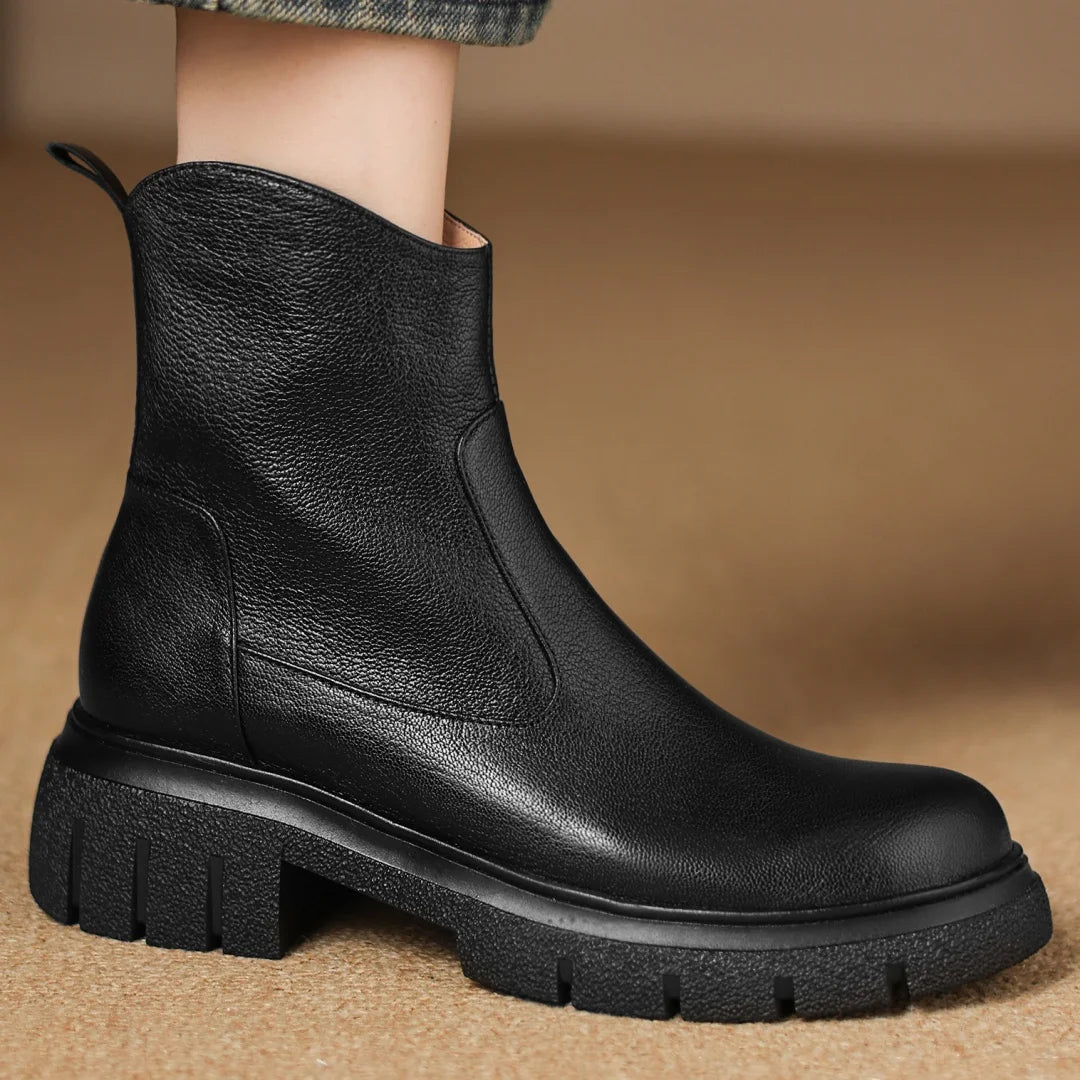 Women’s Genuine Sheepskin Ankle Boots with Side Zip – Round Toe, Soft Comfort, Thick Sole Casual Boots for Autumn