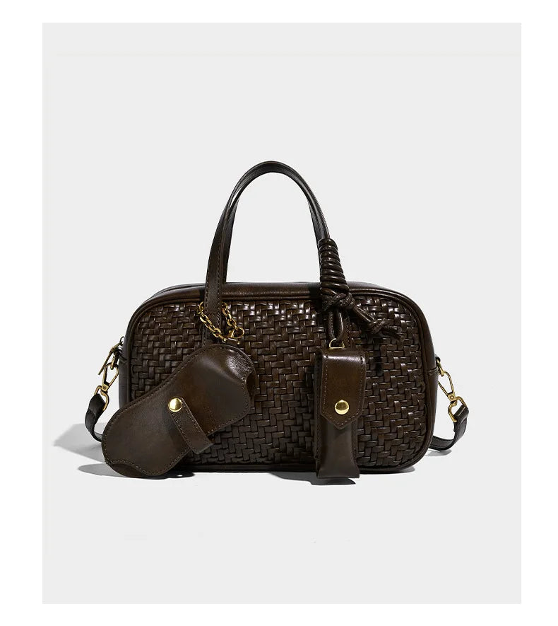 Women's Boston Bag 2025 Fall Winter New Woven Bowling Bag Unique Design Handheld Pack Trendy Light Luxury PU Leather Handbag