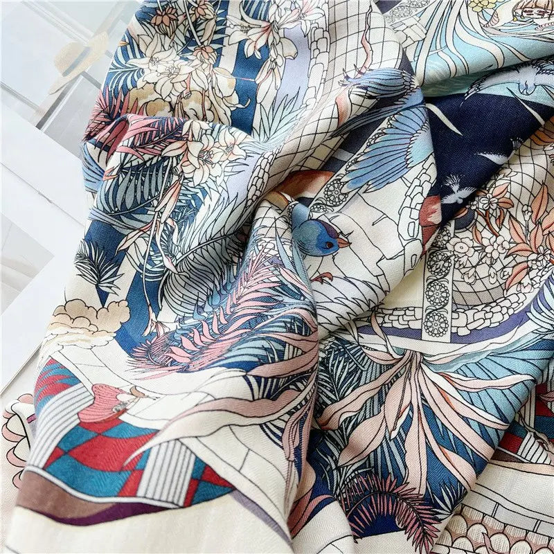 Women’s Large Square Wool & Silk Blanket Scarf – Double-Sided Printed Shawl Cape, 130×130cm
