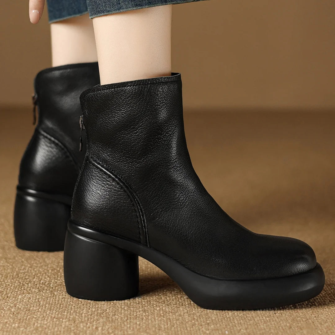 Women’s Sheepskin Chunky Heel Platform Ankle Boots – 7cm Back Zip Autumn Punk Short Booties