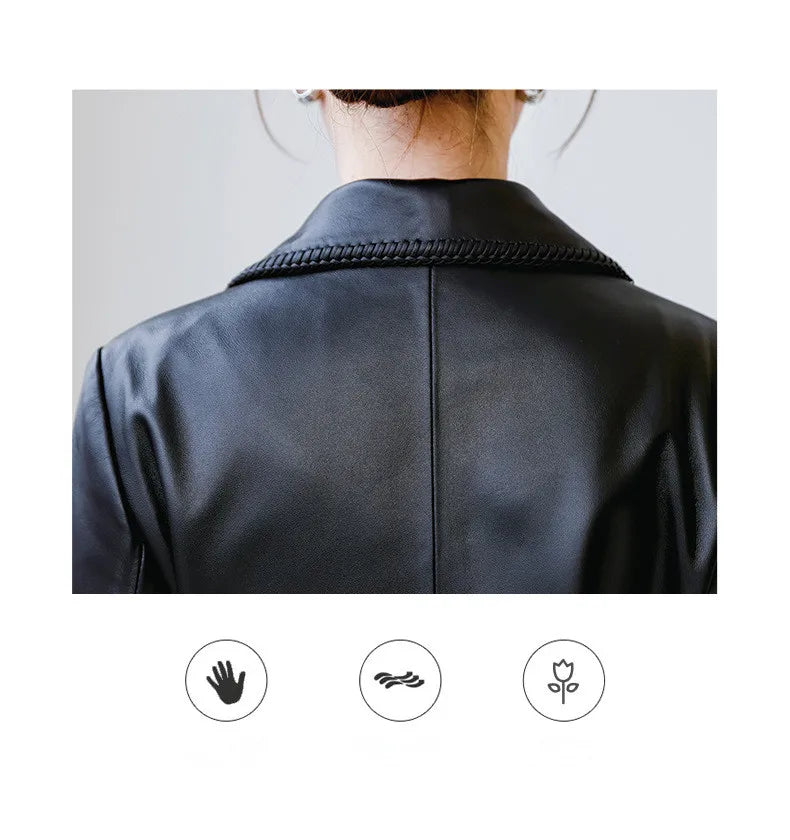 Women's Genuine Leather Trench Coat Lace-Up Long Slim Fit Spring Autumn Sheepskin Top