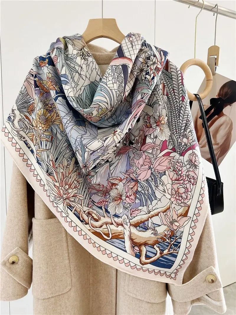 Women’s Large Square Wool & Silk Blanket Scarf – Double-Sided Printed Shawl Cape, 130×130cm