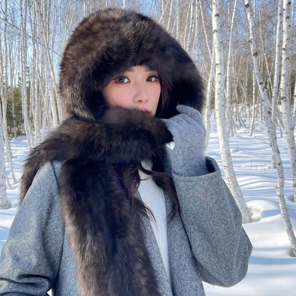 2025 Lady Real Sable Fur Hat Scarf Winter Warm Fluffy 100% Natural Sable Fur Hat Scarves Women Knitted Genuine Fur Cap Shawl