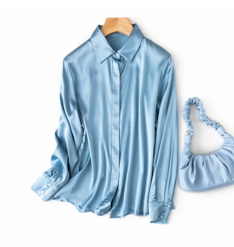 Women's 93% Mulberry Silk 7% Spandex 19 momme satin Silk Buttons down long sleeve shirt Top Blouse office work M L XL MM161