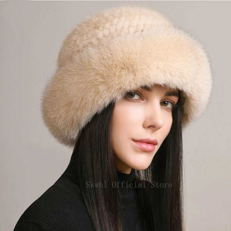 Luxury Knitted Mink Fur Hat with Real Fox Fur – Handmade Winter Fashion for Women