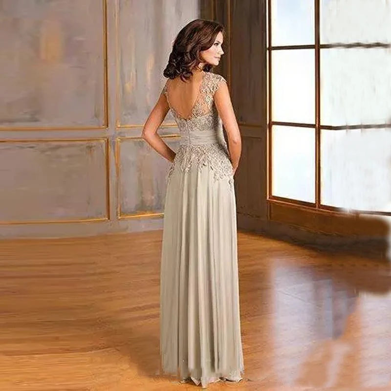 Champagne Chiffon Silk Mother of the Bride Dress with Cap Sleeves - Formal Wedding Guest & Evening Gown