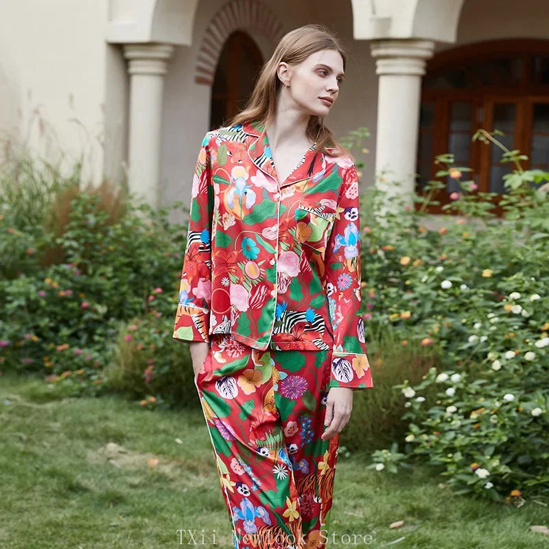 Elegant Pajama Set for Women – Long Sleeve Lapel Home Suit for Spring & Summer