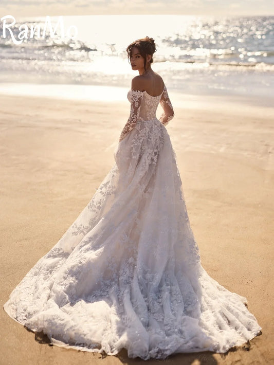 Ranmo New 2025 White A Line Wedding Dress Off Shoulder Long Sleeve Lace Wedding Gowns Luxury Boho Long Bridal Dress Customised - HER SHOP