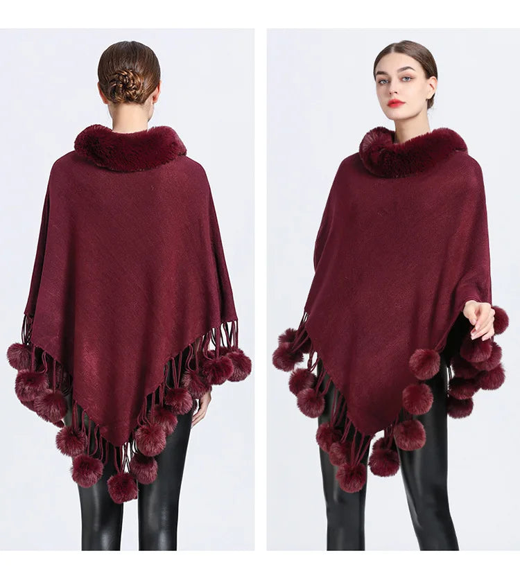 Women's Asymmetric Poncho Scarf with Fur Ball Decoration - HER SHOP