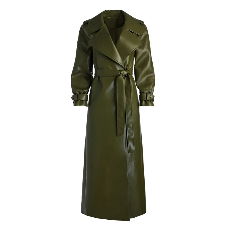 Long Sheepskin Leather Windbreaker Coat  –  Green, Loose Fit, Stylish Women'sOuterwear for Spring & Autumn