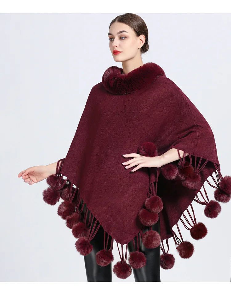 Women's Asymmetric Poncho Scarf with Fur Ball Decoration - HER SHOP