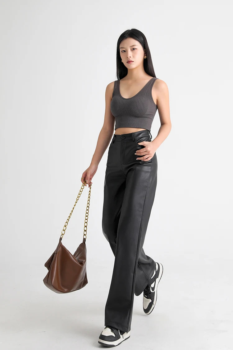Fall Winter Fleece Loose Wide Leg Warm Leather Pants Women Button Pocket High Waist Thick PU Casual Straight Pants